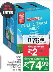 Spar Spar UHT Long Life Milk (Full Cream, 2% Or Fat Free)-6 x 1Ltr Per Pack offer