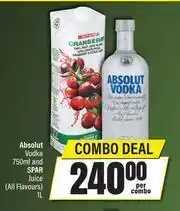 Absolut Vodka 750ml & Spar Juice (All Flavours)-1Ltr Per Combo
