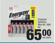 Spar Energizer Batteries Max AA/AAA-6s Per Pack offer