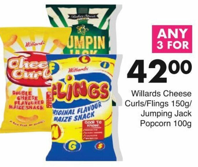 Willards Cheese Curls/Flings 150g/Jumping Jack Popcorn 100g offer at Save