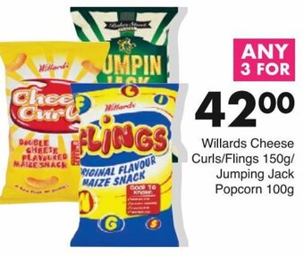 Willards Cheese Curls/Flings 150g/Jumping Jack Popcorn 100g