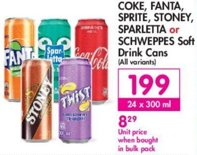 Coke, Fanta, Sprite, Stoney, Sparletta ot Schweppes Soft Drink 24x300ml