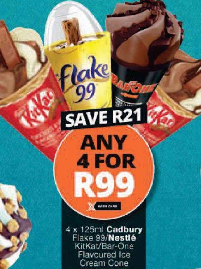 Cadbury Flake 99 4 x 125ml/ Nestlé KitKat/BarOne Flavoured Ice Cream