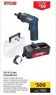Builders Warehouse Ryobi 3.6 V LI-Ion Screwdriver offer