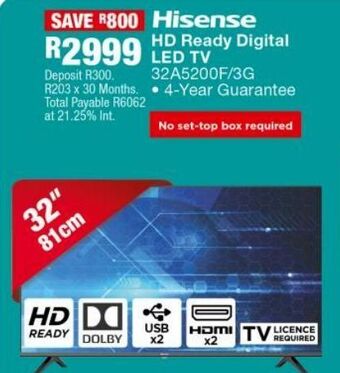 OK Furniture Hisense hd ready digital led tv 32a5200f/3g offer