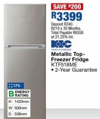 OK Furniture Metallic top- freezer fridge ktf518me offer