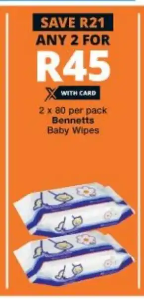 Bennetts Baby Wipes 2x80 per pack