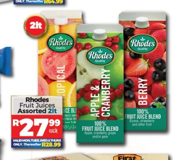 Rhodes Fruit Juices Assorted 2lt offer at Take 'n Pay
