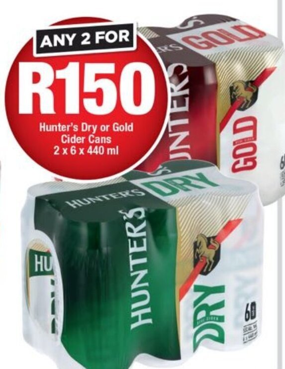 Hunter's Dry and Gold Cider Cans 2 x 6 x 440 ml offer at OK Liquor