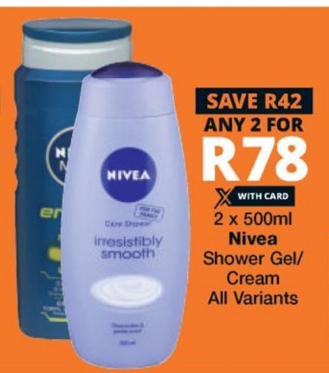 Nivea Shower Gel/Cream 2x500ml offer at Checkers