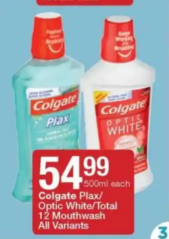 Checkers Colgate Plax/Optic White/Total 12 Mouthwash 500ml offer