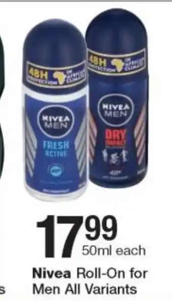 Checkers Nivea Roll-On for Men 50ml offer