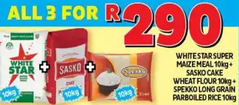 Usave Whites Star Sugar Maize Meal 10kg+ Sasko Cake Wheat Flour 10kg+ Spekko Long Grain Parboiled Rice 10kg offer