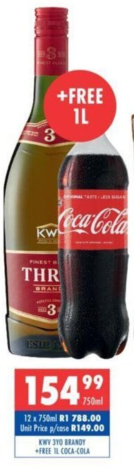 Ultra Liquors KWV 3YO Brandy +Free 1L Coca-Cola offer