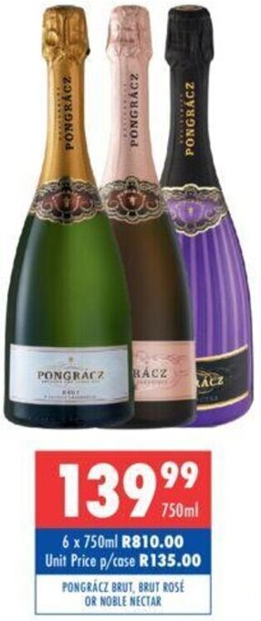 Ultra Liquors Pongrácz Brut, Brut Rosé Or Noble Nectar 750ml offer