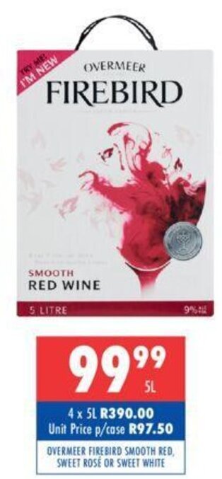 Overmeer Firebird Smooth Red, Sweet Rosé Or Sweet White 5L