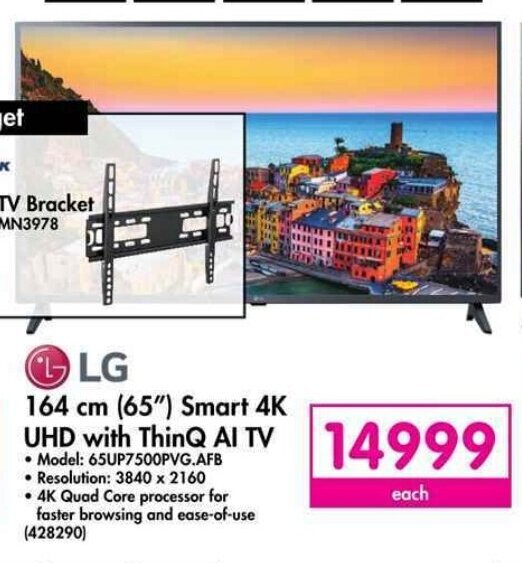 LG 164cm (65") Smart 4K UHD with ThinQ AI TV offer at Makro