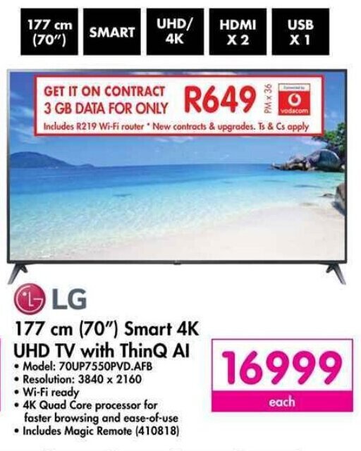 LG 177 cm (70") Smart 4K UHD TV with ThinQ AI offer at Makro