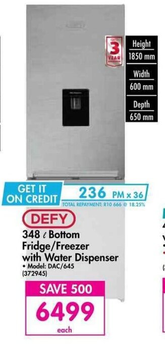 Makro Defy - 348L Bottom Fridge / Freezer with Water Dispenser offer
