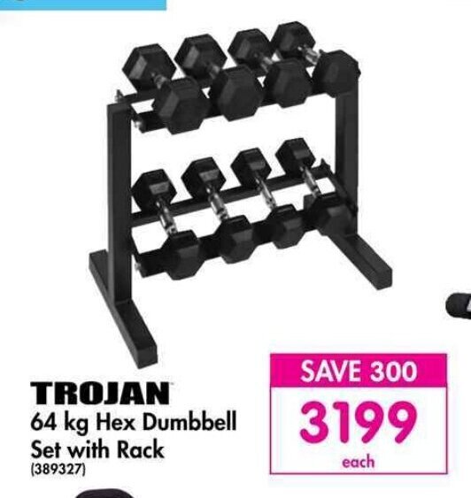 Trojan 64kg Hex Dumbell Set with Rack offer at Makro