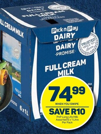 Pick n Pay PnP Long Life Milk Assorted 6x1 Litre per pack offer