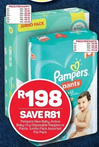 Pick n Pay Pampers New Baby Active Baby-Dry Disposable Nappies or Pants Jumbo Pack Assorted per pack offer