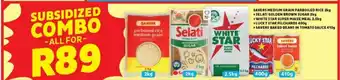 Usave Savers Medium Grain Parboiled Rice/Selati GBS/ White Star Super Maize Meal/Lucky Star Pilchards/Savers Baked Bean in tmato Sa offer