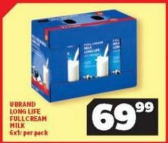 Usave Ubrand Long Life Full Cream Milk 6x1L Per pack offer
