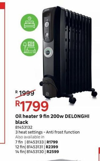 Oil heater 9 fin 200w delonghi black