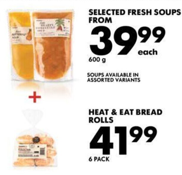 Selected Fresh Soups 600g +Heat & Eat Bread Rolls 6 pack offer at