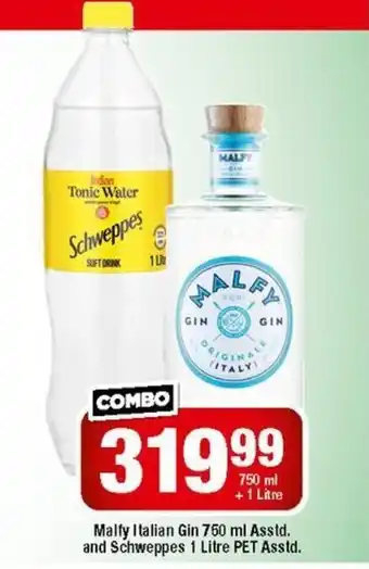 OK Liquor Malfy Italian Gin 760ml Asstd, and Schweppes 1 Litre offer