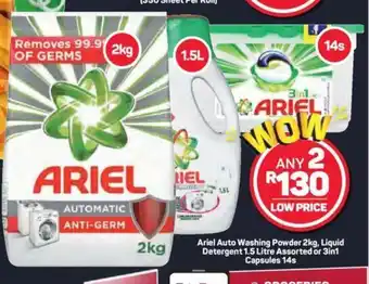 Pick n Pay Ariel Auto Washing Powder 2kg, Liquid Detergent 1.5 Litre Assorted or 3 in 1 Capsules 14s offer