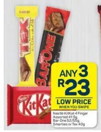 Pick n Pay Nestle Kitkat 4 Fingers Assorted 41.5g, Bar-One 52/55g, Smarties or Tex 40g offer
