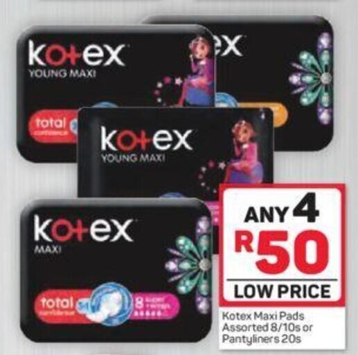 Kotex Maxi Pads Assorted 8/10s or Pantyliners 20s offer at Pick n Pay