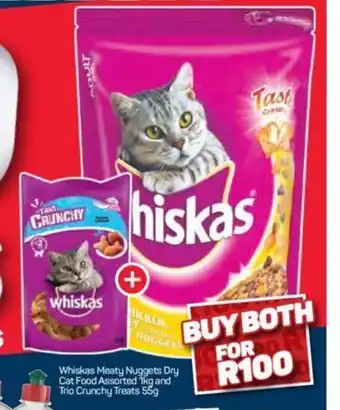 Pick n Pay Whiskas Meaty Nuggets Dry Cat Food Assorted 1kg and Trio Crunchy Treats 55g offer