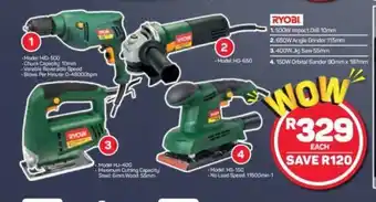 Pick n Pay Ryobi - 500W Impact Drill 10mm / 650W Angle Grinder 115mm/400W Jig Saw 55mm / 150W Orbital Sander 90mm x 187mm offer