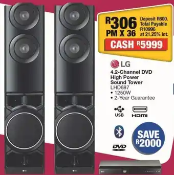Lg 4.2 channel dvd high power sound tower lhd687