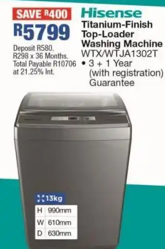 OK Furniture Hisense tiitanium finish top loader washing machine wtx/wtja1302t offer