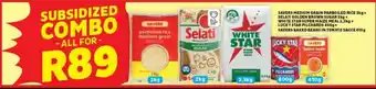Usave Savers Medium Grain Parboiled Rice+Selati Golden Brown Sugar+White Star Super Maize Meal+LuckyStar Pilchards+Savers Baked B offer