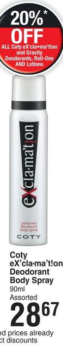 Dis-Chem Coty eX'cla-ma'tion Deodorant Body Spray Assorted-90ml offer