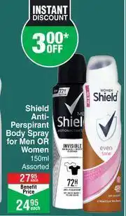 Dis-Chem Shield Anti-Perspirant Body Spray For Men Or Women Assorted-150ml Each offer