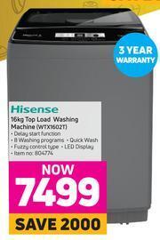 Game Hisense 16Kg Top Load Washing Machine WTX1602T offer