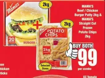 Boxer Mama's berger patty, mama's straight cut frozen chips offer