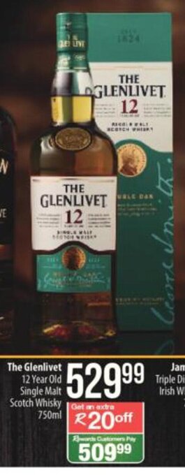 Spar Tops The Glenlivet 12 Year Old Single Malt Scotch Whisky 750ml offer
