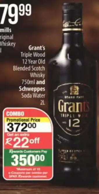 Spar Tops Grant's Triple Wood 12 Year Old Blended Scotch Whisky 750ml and Schweppes Soda Water 2L offer