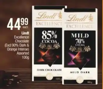 Spar Tops Lindt Excellence Chocolate (Excl 90% Dark & Orange Intense) Assorted 100g offer