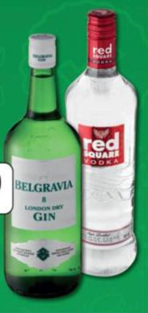 Belgravia London Dry Gin 750ml and Red Square Vodka 750ml offer at Spar Tops