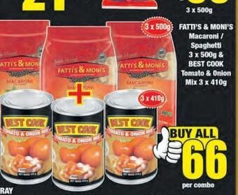 Boxer Fatti's moni's macaroni / spaghetti & best cook tomato & onion mix offer