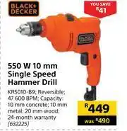Builders Warehouse Black+Decker 550W 10mm Single Speed Hammer Drill KR5010-B9 offer