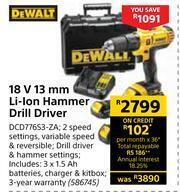 Builders Warehouse Dewalt 18V 13mm Li-Ion Hammer Drill Driver DCD776S3-ZA offer